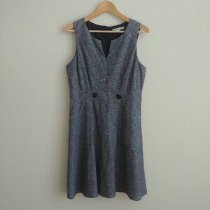 Cotton linen little mod dress grey blue tweed look sleeveless 10 P